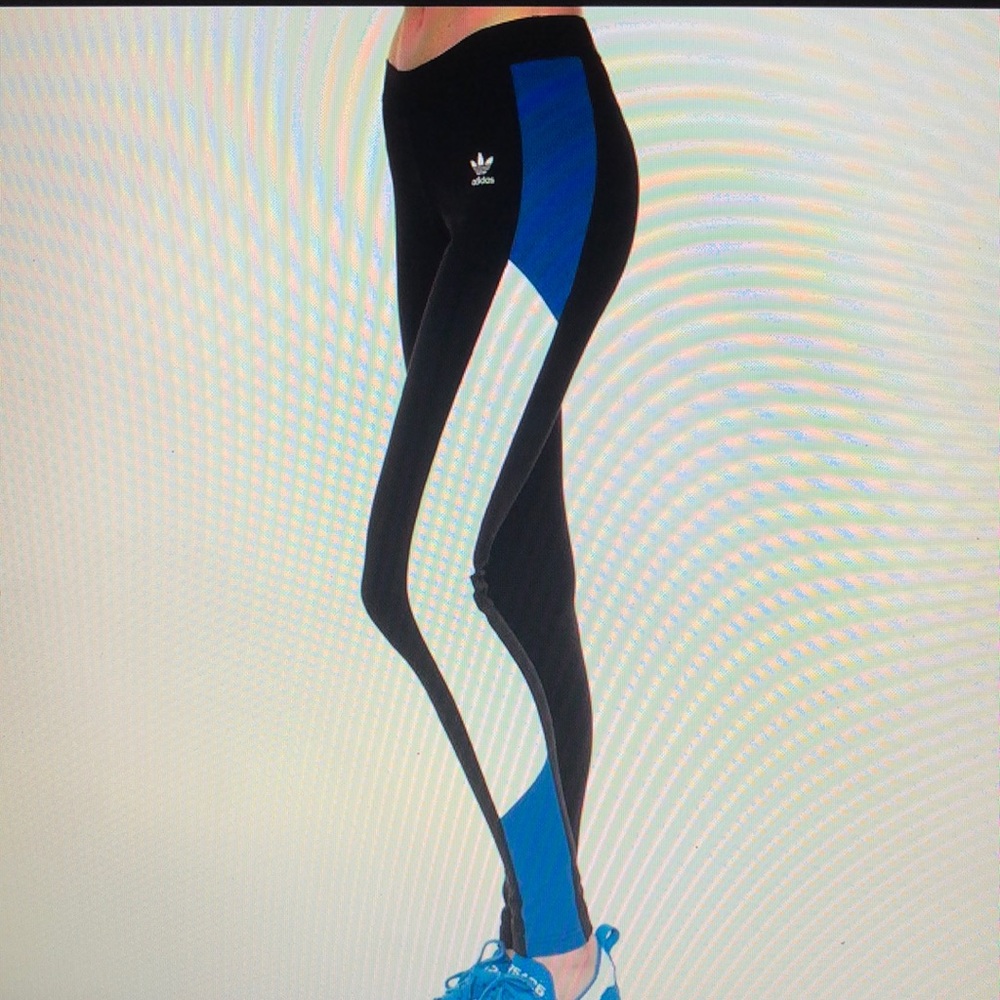 Adidas workout pants with white and blue stripes